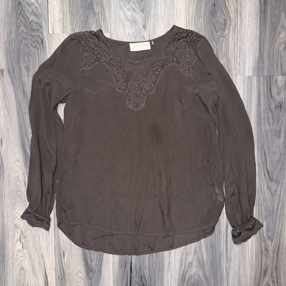 Rosemunde Copenhagen Silk Blend Blouse Top Long Sleeve Lace Dark Grey EU 40 US M